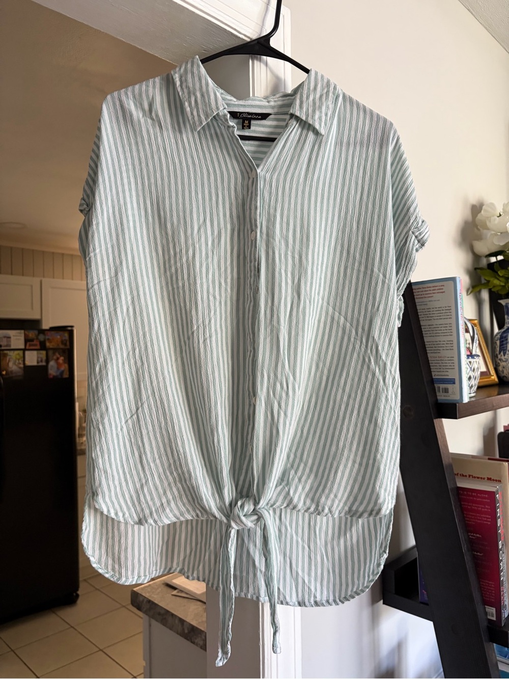 Blue Rain Striped Button-Down Tie-Front Top in Light Blue and White